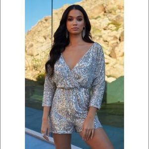 Club L London Silver Sequin Plunge Wrap Playsuit